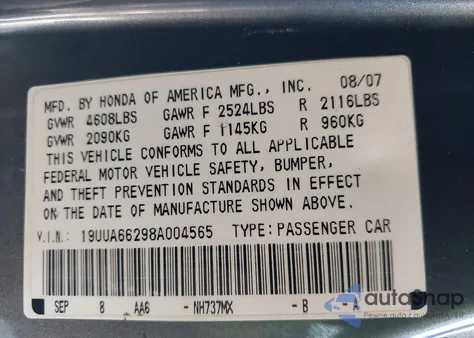 2008 Acura Tl 3.2 z USA, uszkodzony, nr VIN 19UUA66298A004565